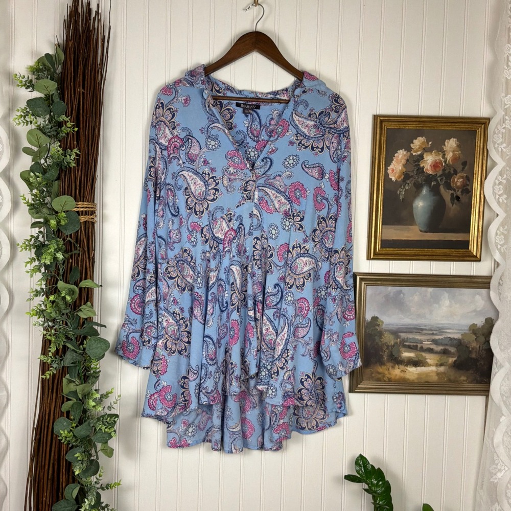 Roaman's Paisley Tunic Top Womens 26W Blue Excellent V-Neck High Low Boho
